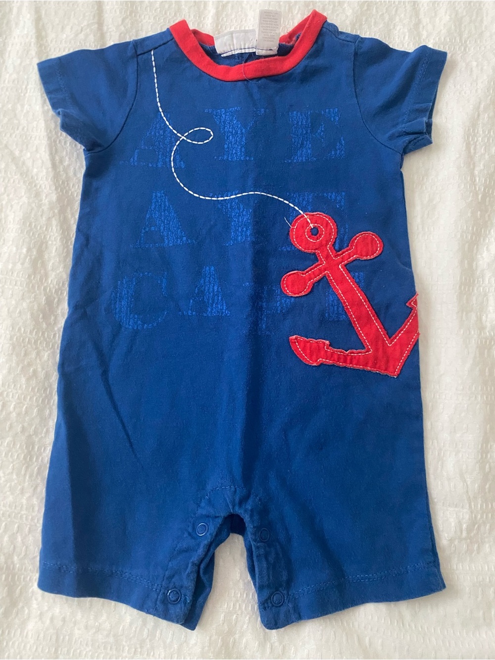 First Impressions Blue Romper with Red Anchor Detail